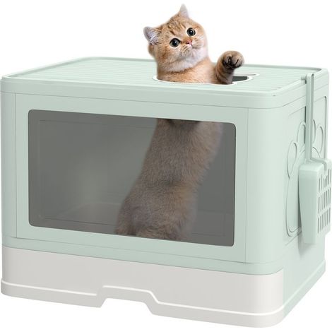 Tray to litter closed for cat with cover and double input, tray removable, shovel and brush, green (1/5)