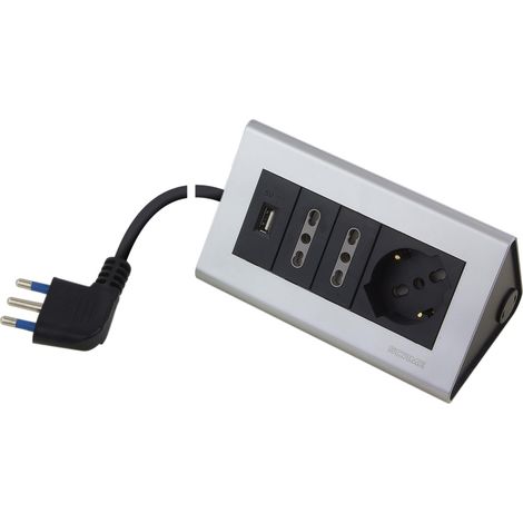 2 Bloc multiprises de bureau - Multiprise 2 prises bivalentes, 1 prise USB et 1 prise Schuko - Bloc multiprises équipée de câble de 2 m (1/5)