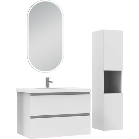 Ocean ensemble meubles Salle de Bain 80cm vasque et colonne et miroir lumineux Blanc