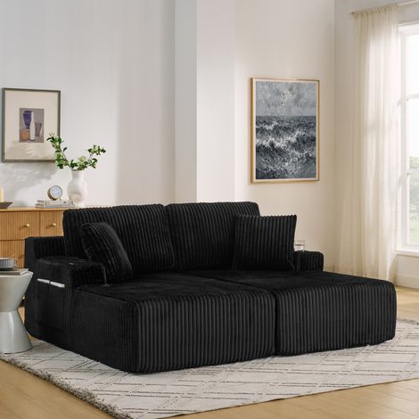 Divano letto/poltrona reclinabile a 2 posti, in morbido tessuto di velluto a coste, con tasca laterale per riviste, portabicchieri e cuscini, adatto per soggiorno, sala giochi, studio, camera degli os