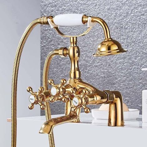 Klassische Badewannenarmatur im Telefonstil, goldene Badewannenarmatur mit Chaiselongue-Design, bodenstehender Duschkopf, Badewannen-Duscharmatur im europäischen Stil