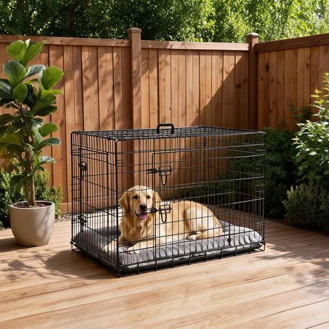 Cage pour chien pliable en métal robuste – 2 portes, plateau amovible facile à nettoyer, séparateur inclus – Idéale pour dressage, transport ou maison – Résistante à la mastication – Portable – Access (1/5)