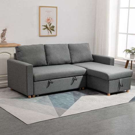 Canapé d'angle convertible 3 places modulable, méridienne réversible, coffre rangement, 3 coussins, tissu aspect lin, gris, pratique (1/4)