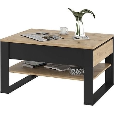 Selsey Quant - Table basse - 100x70 cm - noir / chêne artisan - 2 tiroirs - style industriel (1/5)