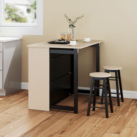 Ensemble bar 3 pièces, table de bar avec plateau rabattable, 2 tabourets de bar, 6 compartiments de rangement, noir et chêne, 116 x 70 x 89,5 cm (1/5)