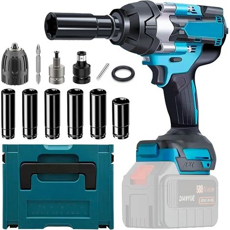 Cordless Impact Driver 1000Nm Compatible with 18V Lithium Battery - 1/2" Brushless Adjustable Wrench for Car Tire Changer, High Torque with 6 Sockets (No Battery (1/5)