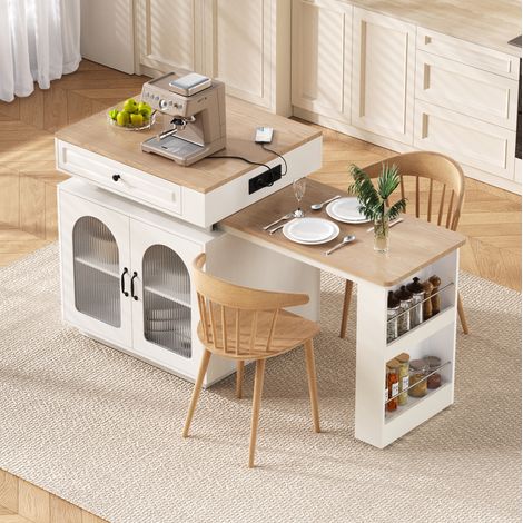 Kücheninsel mit Rollen, Ausziehbarer Esstisch mit LED-Beleuchtung, Bartisch mit Steckdosenleisten, dient als Kücheninsel, Anrichte, Sideboard oder Bartisch für Küche und Esszimmer (Weiß) (1/5)