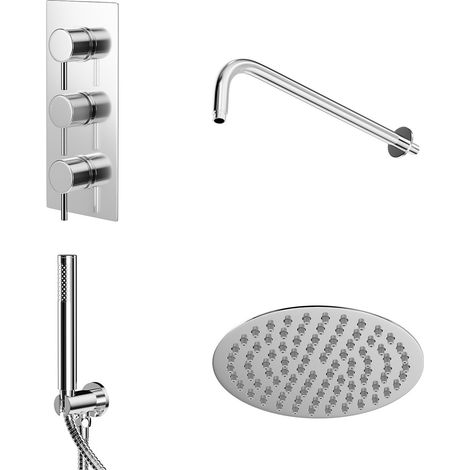 Circo Polished Chrome Triple Thermostatic Shower Valve and 200mm Thin Round Fixed Head with Wall Arm and Round Handset Outlet Holder - 2 Outlet (1/5)