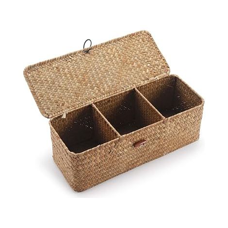 Panier de rangement en osier avec couvercle, pour la maison, la chambre ou la buanderie, adapté aux espaces intérieurs et aux routines quotidiennes.-AquaForge (1/5)