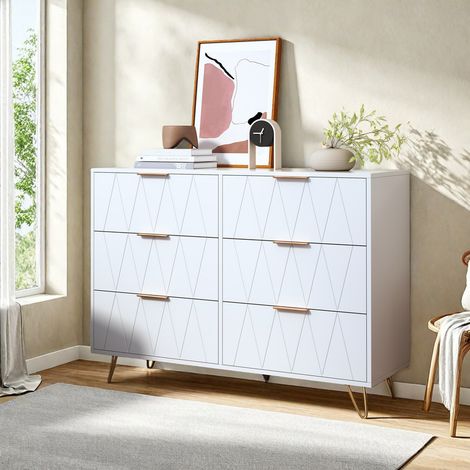 Commode blanche à 6 tiroirs de grande capacité–100 x 34 x 72.5 cm–Idéale pour salon/chambre–Style moderne/scandinave–Avec poignées et pieds en métal