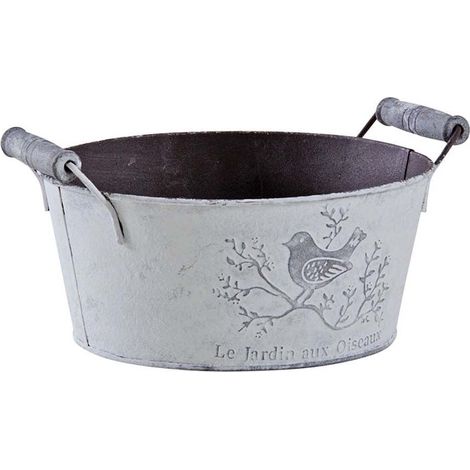 Aubry Gaspard – Corbeille en métal patiné avec poignées en bois – Dimensions ø 19-15 h 9-11 cm – Poids 0.2 kg – Décor jardin aux oiseaux (1/3)