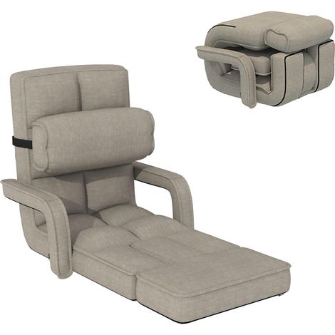 YODOLLA Fauteuil Pliant Réglable, Canapé Lazy avec Accoudoirs, Coussin et Repos-Pieds, Beige