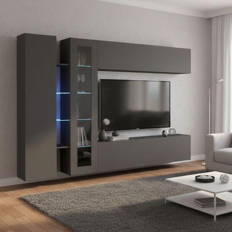 Dmora - Meuble Mural Dborin, Ensemble de salon Meuble TV avec 4 portes, Meuble de salon polyvalent, 100% Made in Italy, cm 280x30x180, Anthracite (1/5)