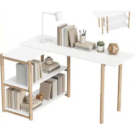 Bureau - HOMCOM - pliable - étagères de rangement - cadre en bambou - 148 x 40 x 68 cm - blanc et chêne (1/5)