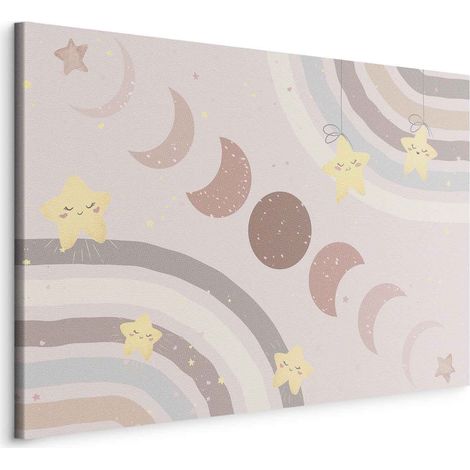 Imagen - Cielo alegre - Estrellas amarillas y alegres con un arcoíris sobre el fondo de las fases lunares en el cielo en tonos beige claro / Fases lunares con un arcoíris (1/3)