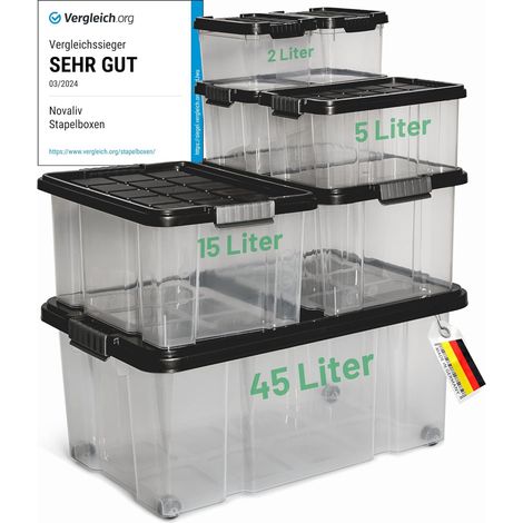 Coffret de rangement Novaliv 7 pièces avec couvercles, anthracite, 1x45 L + 2x 15 L + 2x 5 L + 2x 2 L, emboîtables, empilables, fermeture à clip