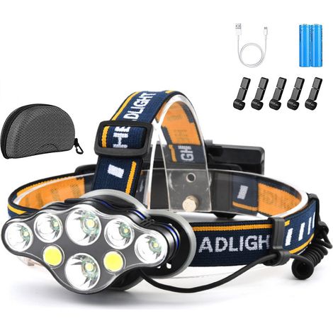 T6 8-LED-Stirnlampe, USB-aufladbar, mit 2 x 18650-Batterien und 5 Clips (schwarz) (1/4)