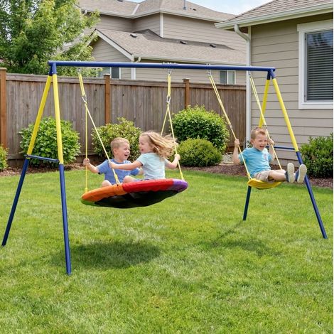 Balançoire sur pied 265x160x178 cm en acier multicolore, facile à monter pour jardin FloraGrace (1/5)