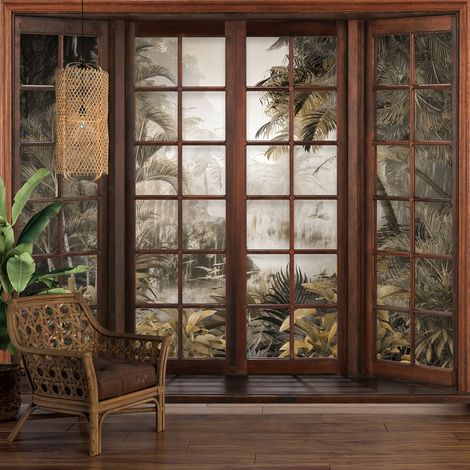 Papier peint panoramique Trompe l'oeil Fenêtre en bois - Forêt Tropicale - 130 cm x 104 cm (1/5)