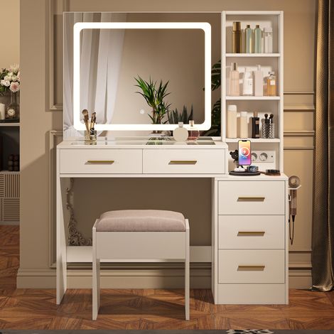 Coiffeuse avec Miroir LED et Tabouret, Tiroirs, étagères ouvertes, prises USB intégrées Et Grand Miroir, 109x100x139 cm, Blanc