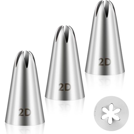 CCYKXA 3er-Set 2D-Spritztüllen aus Edelstahl für die Tortendekoration – Für Buttercreme, Geburtstagstorten, Cupcakes – Backzubehör – Silber (1/5)
