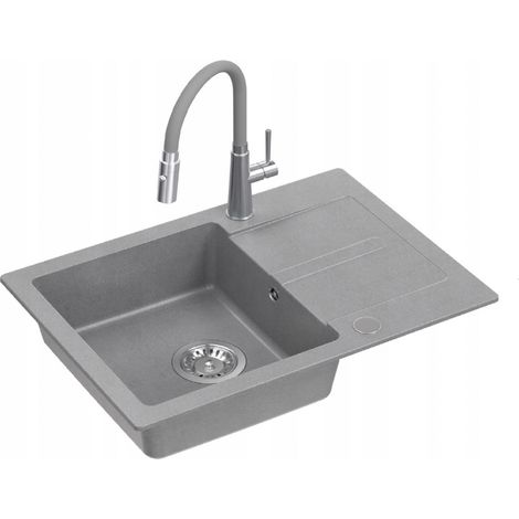 Nayes Spülbecken aus grauem Granit 77x44 + Siphon + Armatur + Stöpsel