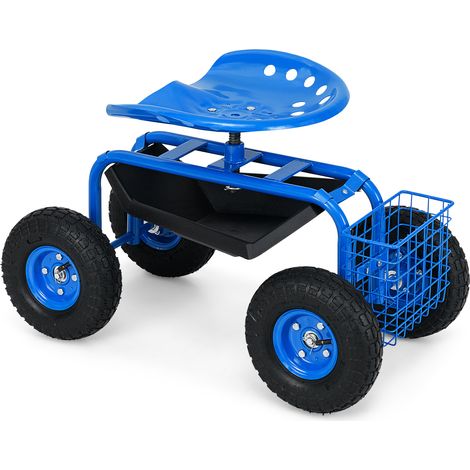 Chariot de Jardin Roulant Hauteur Réglable, Chariot Jardinage avec Siège Pivotant à 360° Plateau Panier de Rangement Coussin Charge 150KG, Bleu (1/5)