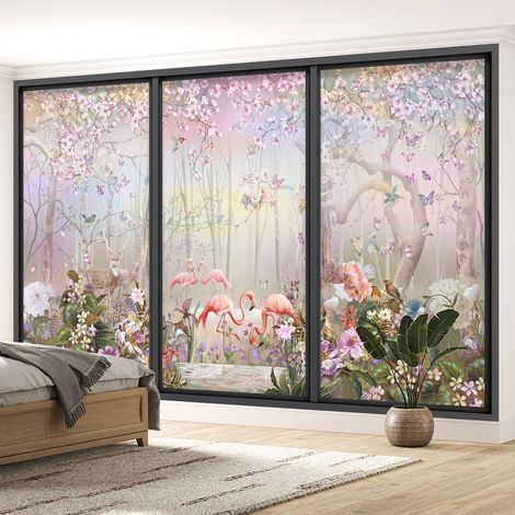 Papier peint panoramique Trompe l'oeil baie vitrée - Flamants roses - 309 - 195 cm x 117 cm (1/5)