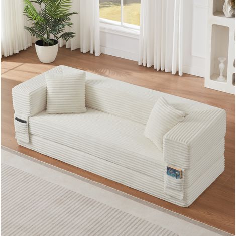 Divano letto 200x152x42 cm in tessuto a coste bianco, apribile, FloraGrace (1/5)