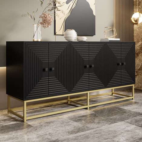 Credenza 160x38x75.5 cm, 3 ante doppie, grande spazio, finitura opaca, pannello truciolare, nero (1/5)