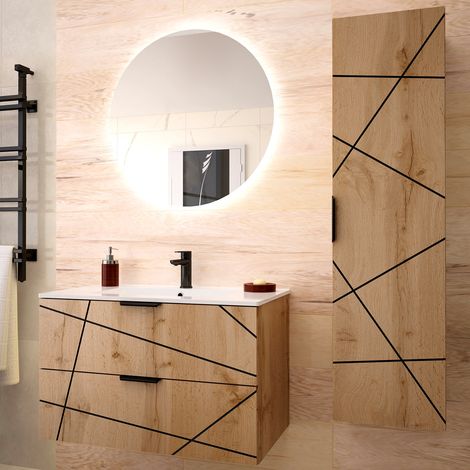 Conjunto de muebles con lavabo individual encastrado 80cm y columna Teren Madera (1/5)