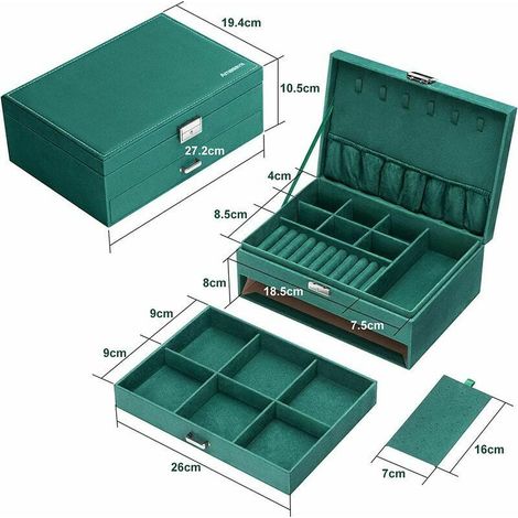 Boîte à bijoux en velours avec tiroir, boîte à bijoux empilable double couche de voyage, 27 19 10 cm, dos vert (1/4)