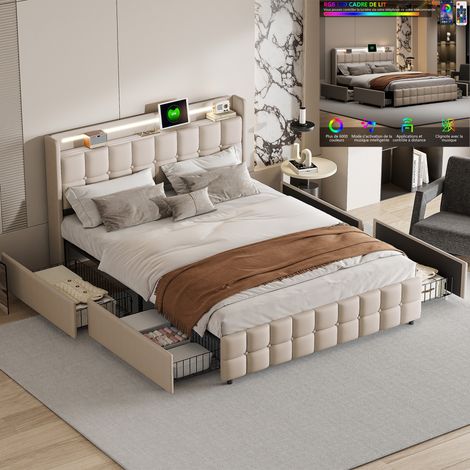 Polsterbett 160x200 mit LED-Beleuchtung und USB-Anschluss, 4 Schubladen, Leinenkopfteil, Lattenrost, beige – Stauraumbett, Bettgestell 160x200