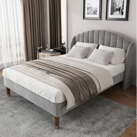 Lit rembourré moderne 160x200 cm en velours gris avec tête de lit haute capitonnée et sommier à lattes (1/5)