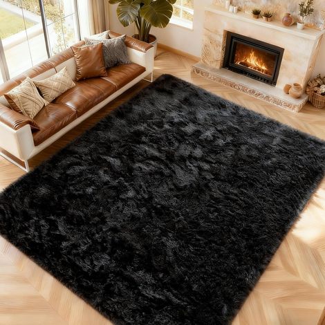 Grand Tapis Moderne à Poils Longs, Super Doux et Moelleux en Velours, antidérapant pour Chambre à Coucher et Salon (Noir, 150 x 240 cm)