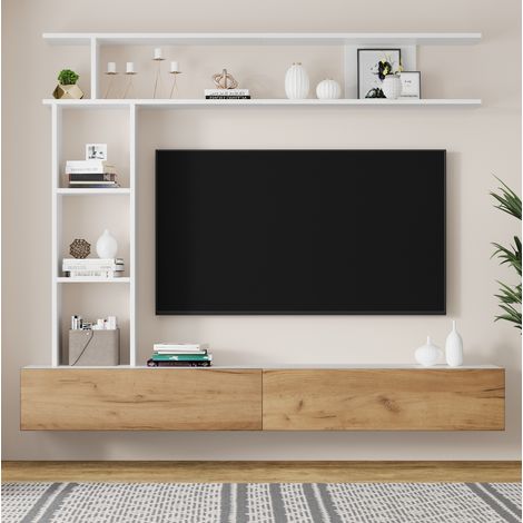 MEUBLIV Mobile TV da parete 180x35x22,5 cm bianco e legno con vani, senza materasso (1/5)