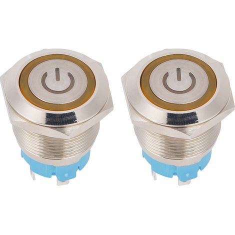 Bouton poussoir lumineux 2 pièces, 19mm tête plate ronde, coque acier inoxydable, 4 broches, IP65, 12-24VDC, jaune (1/5)