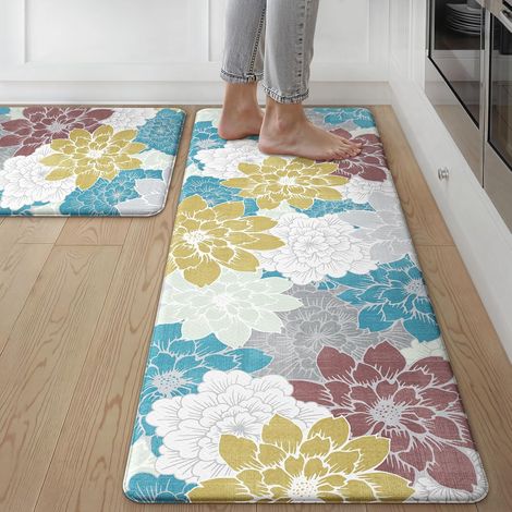 Kitchen floor mat, absorbent and non-slip PVC mat, oil-resistant, washable, long strip mat for winter entryway - Blooming Flowers - Yellow - 441501.0cm