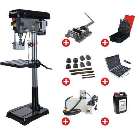 Perceuse à colonne professionnelle jusque ø 32 mm CM4 1,5 kW 400V + accessoires indispensables et unité d'arrosage Torros DF34T PACK PRO
