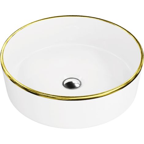 LAVITA Aufsatzwaschtisch Merida Gold Line Aufsatzwaschbecken Rund Waschbecken Ohne Überlauf und Hahnloch Aus hochwertigem Porzellan Waschtisch 37x37x12 cm Weiß/Gold (1/4)