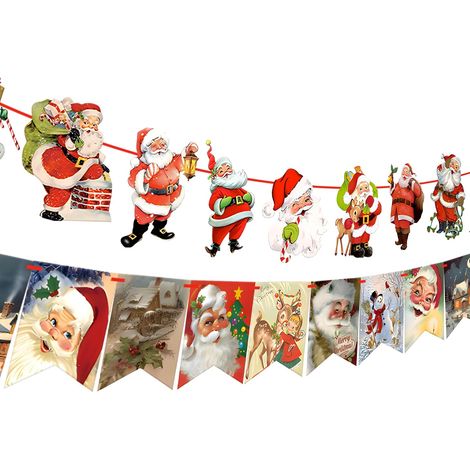 Guirlande de bannière de Noël du Père Noël - Extra large 10 pieds, lot de 2 Bannière de Noël de style vintage Bannière de Noël rétro pour décorations de Noël Guirlande de fanions de Noël pour mante (1/5)
