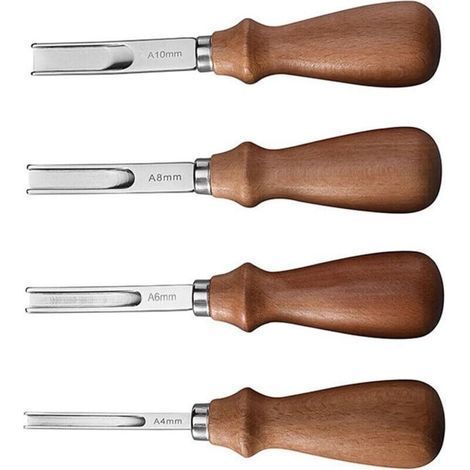 4-teiliges Lederschälmesser, Lederhandwerkswerkzeug mit Holzgriff, 4 mm, 6 mm, 8 mm, 10 mm, Lederkantenschneidewerkzeuge für die Lederverarbeitung zum Abschrägen, Schneiden und Markieren (1/4)