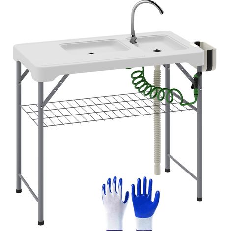 Table de camping pliante avec 2 éviers, tuyau de drainage, station de nettoyage, robinet blanc