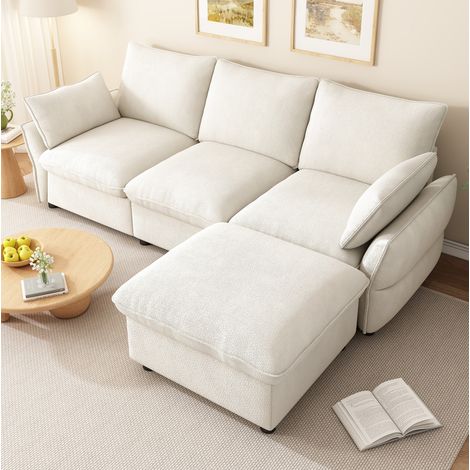 Sofá esquinero con otomana y 1 puf, 3 plazas, chenilla beige, 222,5 x 154,5 x 76,5 cm OKMYHOME (1/5)