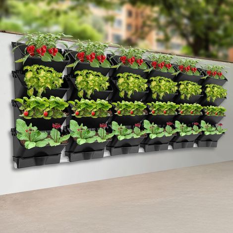 Hängender vertikaler Wand-Pflanzgefäß, Hängende Pflanztaschen, Vertikaler Wand-Blumentopf, Selbstbewässernder Wandpflanztopf, Wand-Pflanzkübel mit Entwässerungsrohr für Gärten (Schwarz, 24PCS) (1/5)