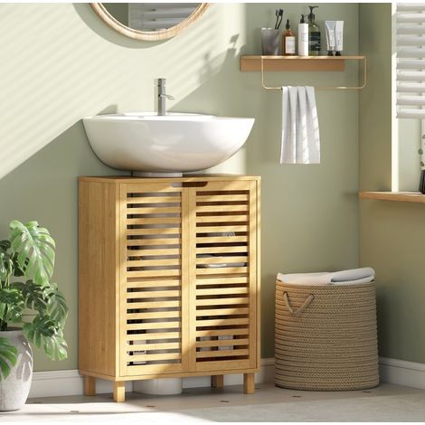 Mobile sottolavabo in bambu naturale, stile naturale, ripiano interno regolabile, intaglio a U, 60 x 30 x 80 cm (1/4)
