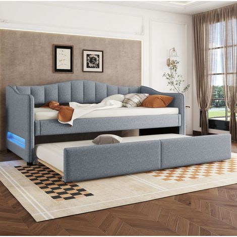 Letto daybed minimalista 90x200 cm in lino grigio e MDF, con letto estraibile, testiera con LED, rete a doghe (1/5)