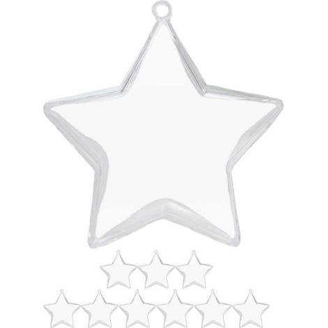 Set mit 10 nachfüllbaren, transparenten, sternförmigen Weihnachtskugeln aus Kunststoff zum Aufhängen am Weihnachtsbaum. – 8,00 x 8,00 x 3,60 cm – Transparent (1/2)
