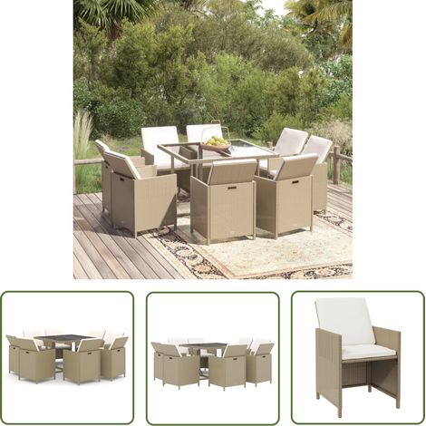 The Living Store Ensemble à manger de jardin et coussins 9 pcs Poly rotin Beige - Salon De Jardin - Meubles De Jardin - Set De Jardin - Table Et Chaises - Résine Tressée (1/5)