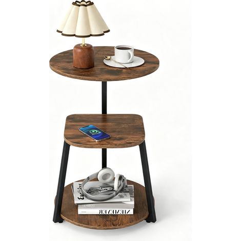 Table d’Appoint Ronde 3 Niveaux, Table de Chevet Industrielle avec Station de Charge, Structure Métal, Pieds Réglables pour Salon, Chambre à Coucher (1/5)